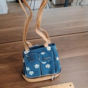 Floral Denim and Tan Handbag